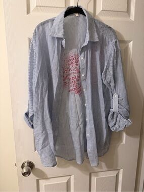 Women’s Light Blue Striped Button-Up with Love in multiple languages on back
